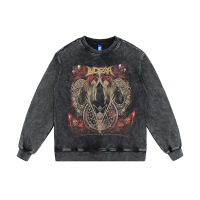Round neck sweatshirt retro washed distressed dark print 12