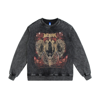 Round neck sweatshirt retro washed distressed dark print 12