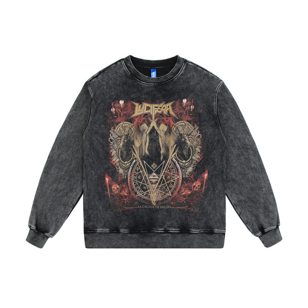 Round neck sweatshirt retro washed distressed dark print 12