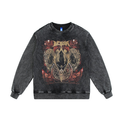 Round neck sweatshirt retro washed distressed dark print 12