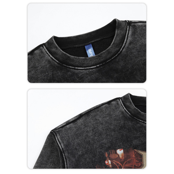 Round neck sweatshirt retro washed distressed dark print 12